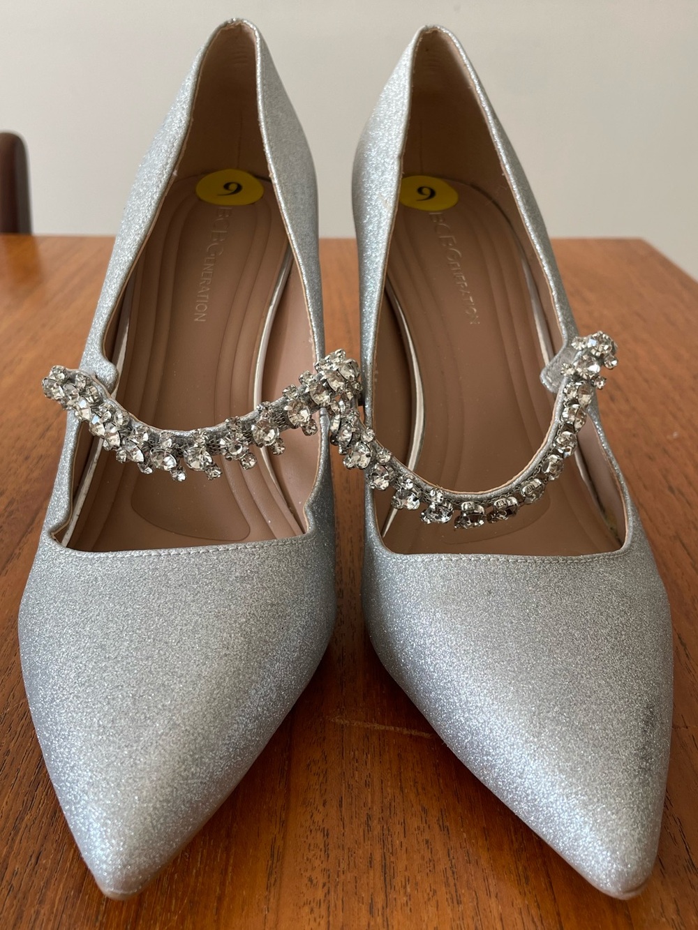 BCBGeneration Silver Sparkle Heels with Rhinestone Straps Size 9